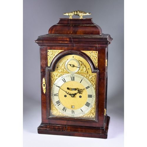 119 - A George III Mahogany Bracket Clock, the 7ins arched brass dial with silvered chapter ring with Roma... 