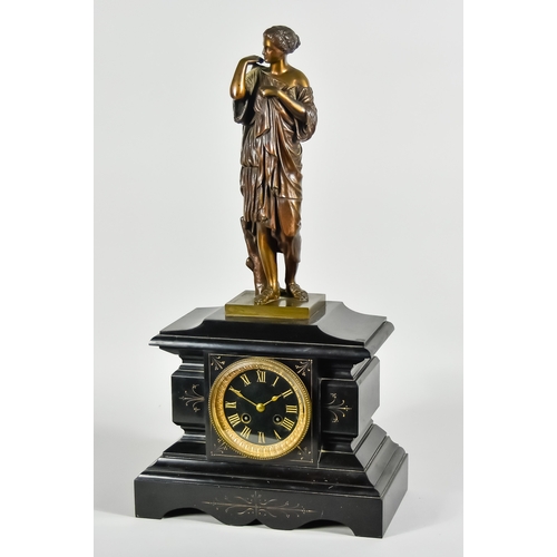 122 - A 19th Century French Black Slate and Marble Mantel Clock, by Japy Freres and retailed by Pierre Le ... 