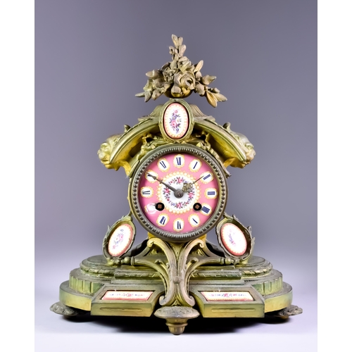 124 - A 19th Century French Cast Brass and Porcelain Mantel Clock, by Jap Fils, No.140, the 3.25ins porcel... 