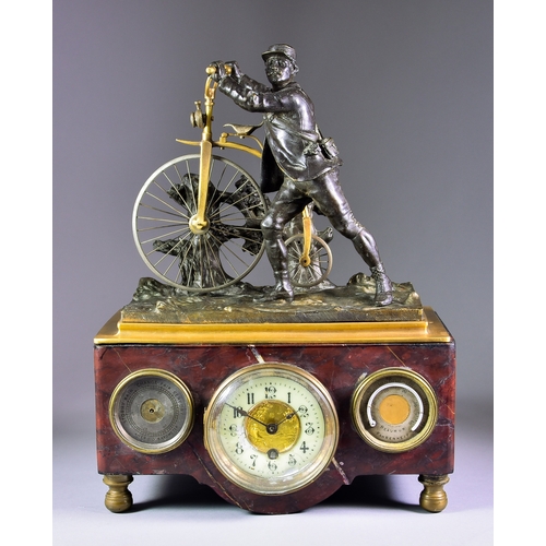 135 - A French Industrial Animated Cyclist Mantel Clock, Barometer and Thermometer, the 3.25ins diameter c... 