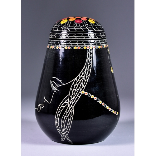 155 - Sally Tuffin (born 1938) for Dennis China Works, 2005, lidded head vase on black ground with red, ye... 