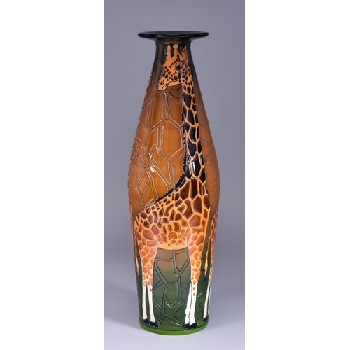 166 - Sally Tuffin (born 1938) for Dennis China Works, 2003, slim vase with open rim, incised with three g... 