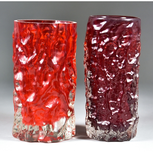 172 - Geoffrey Baxter for Whitefriars Glass - Bark Cylindrical Vase in Ruby, 7.5ins high, and one other si... 