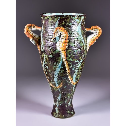 173 - Roger Cockram (born 1947) - Studio Pottery Baluster-Shaped Vase with seahorse handles and decorated ... 