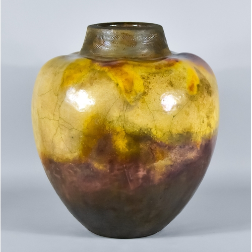 175 - Gisele Buthod Garcon (born 1954) - Large Raku pot,1994, with incised feather decoration to neck rim,... 