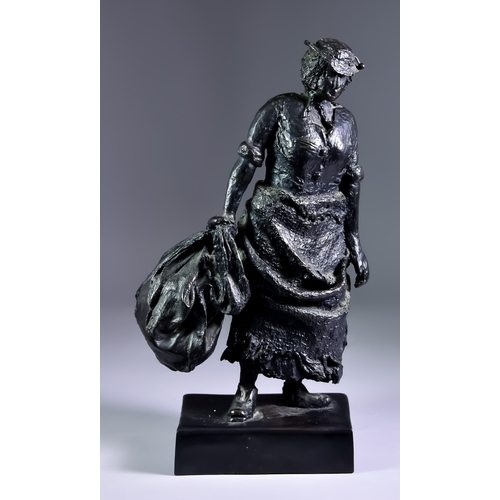 196 - 20th Century British School - Cast Bronze - Figure of a woman carrying a large bundle, indistinctly ... 