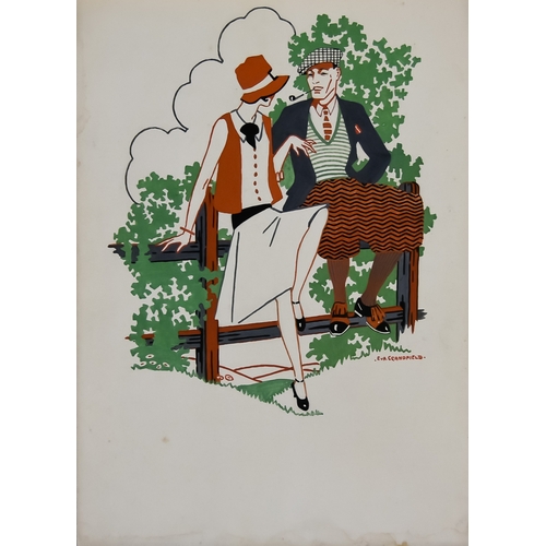 214 - Jack Grandfield (1911-1949) - Two gouache works - Seated lady with luggage, circa 1930s, signed, art... 