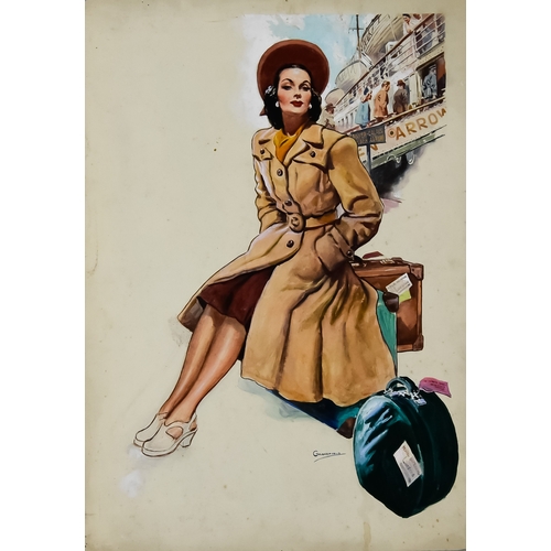 214 - Jack Grandfield (1911-1949) - Two gouache works - Seated lady with luggage, circa 1930s, signed, art... 