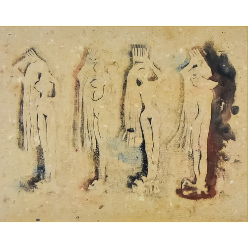 217 - Aliye Berger (1903-1974) - Two mixed media - Four women carrying items, 9.5ins x 12ins, framed and g... 