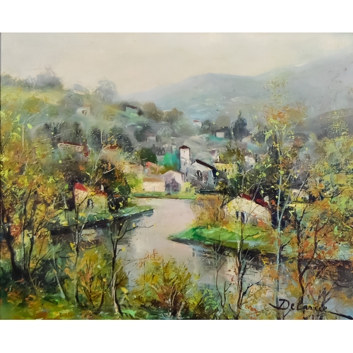 220 - ***Lucien Delarue (born 1925) - Oil painting - River landscape depicting village with mountains in b... 