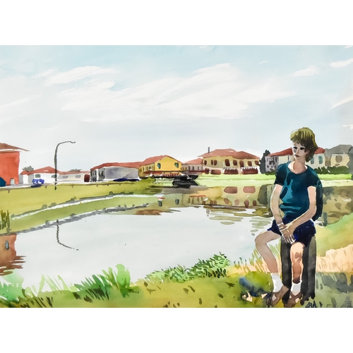 226 - *** Patrick Procktor (1936-2003) - Watercolour - Seated boy by a pond with buildings to the backgrou... 