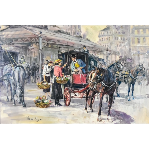 228 - *** Gordon King (1939-2022) - Oil painting - Town scene of a stagecoach and ladies selling flowers, ... 