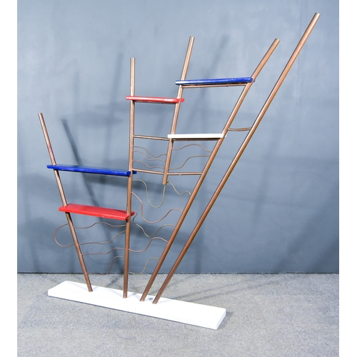 246 - A Mid-Century Copper and Painted Wood Shelf of Abstract Design, with five open shelves of various si... 