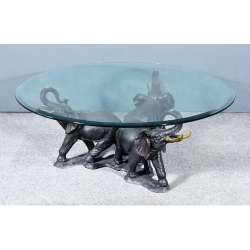 248 - In the Manner of Heinrich Filter - Bronze elephant table with three elephants with raised trunks on ... 