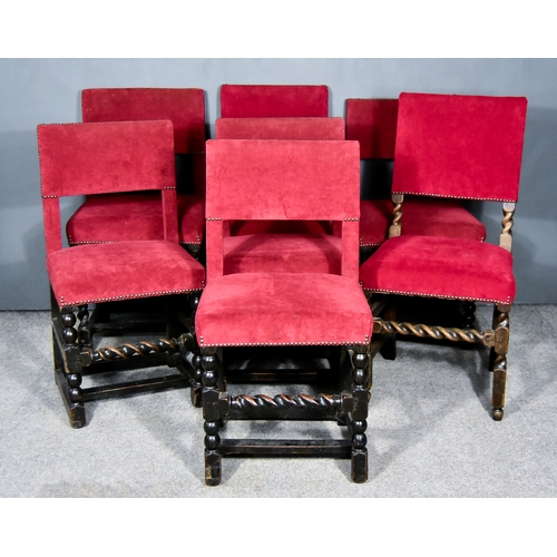 258 - A Harlequin Set of Seven 17th Century Oak Dining Chairs, each with square backs, back and seats upho... 