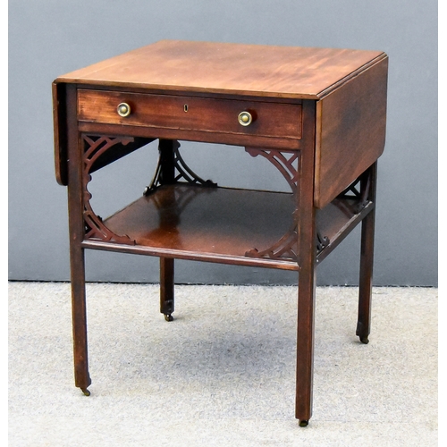 268 - A George III Mahogany Drop-Leaf Two-Tier Table, with plain top, fitted one frieze drawer with baize ... 