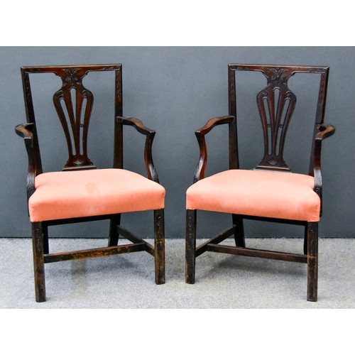 282 - A Pair of George III Dining Arm Chairs, each with curved and moulded crest rail, vase pattern splats... 