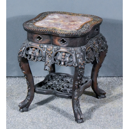 29 - A Chinese Hardwood Occasional Table, Late 19th/Early 20th Century, with shaped pink flecked marble s... 