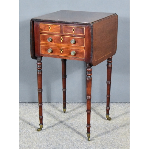 291 - A George III Mahogany Rectangular Drop Leaf Work Table, inlaid with stringings, fitted two short and... 