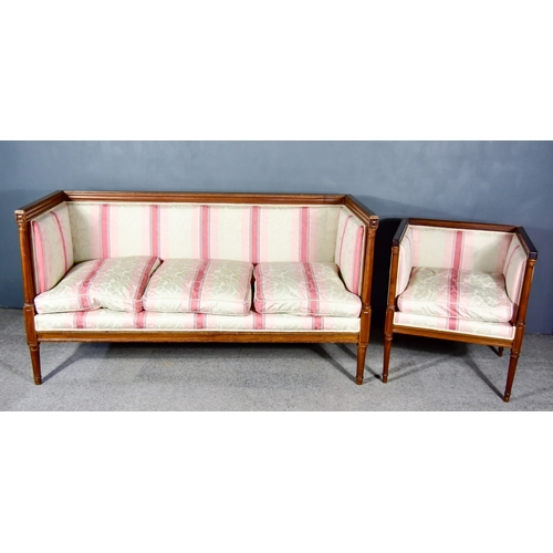 296 - An Early 19th Century Walnut Framed Square Back Settee and Similar Armchair, the crest rail carved w... 