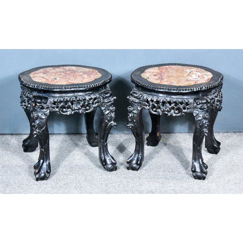 30 - A Pair of Chinese Hardwood Jardiniere Stands, Late 19th/Early 20th Century, with pink flecked marble... 