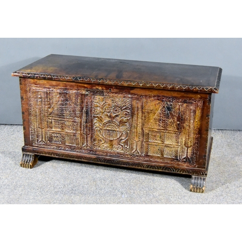 308 - A Late Victorian Carved Oak Coffer with moulded and gadroon carved edge to top, with three carved pa... 