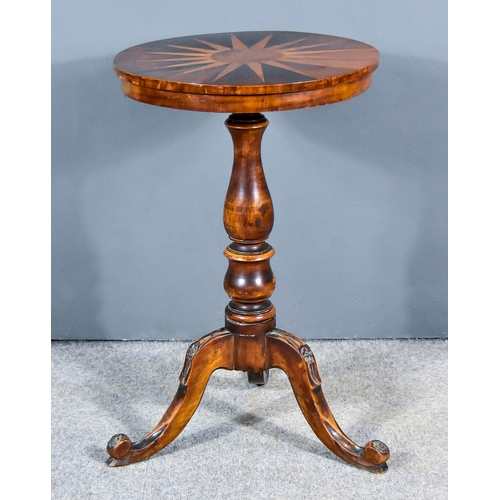 315 - A Victorian Rosewood Circular Tripod Table, the top inlaid with sunburst pattern, on turned central ... 