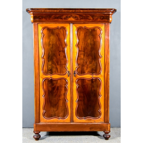 326 - A 19th Century French Figured Mahogany and Fruitwood Armoire, with moulded cornice, fitted two shelv... 