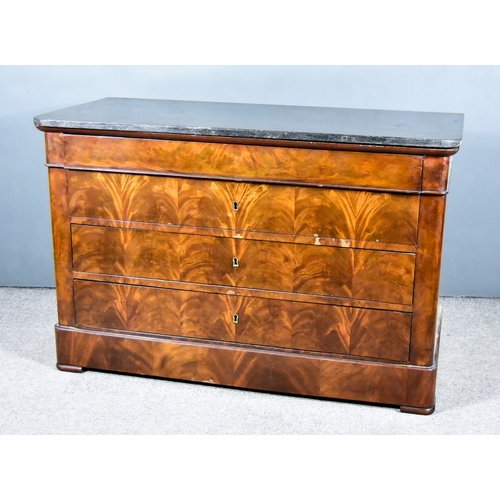 327 - A 19th Century French Figured Mahogany Commode, with black flecked marble slab to top, rounded corne... 