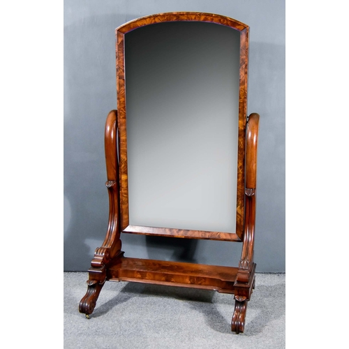 329 - A 19th Century Mahogany Framed Cheval Mirror, with arched top, moulded frame inset with plain mirror... 