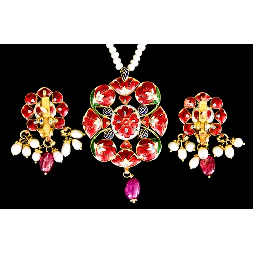 444 - An Indian Multi Gem Suite of Jewellery, comprising - pendant set with diamond, emerald, ruby and oth... 