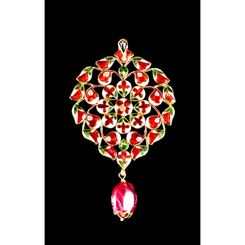 445 - An Indian Diamond and Multi-Coloured Gem Stone and Enamel Pendant,Â set with diamonds and gems to th... 