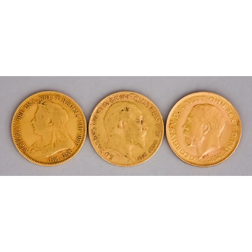 593 - Three Half Sovereigns, Victoria, 1893, fair, Edward VII, 1909, fair, George V, 1913, fair/fine