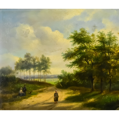 64 - Early 19th Century English School - Pair of oil paintings - Rural landscapes, one with three figures... 