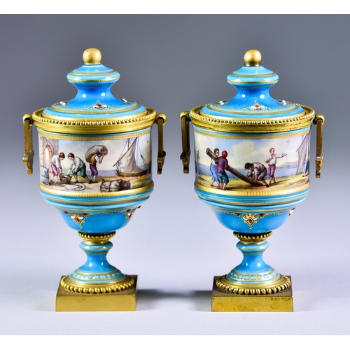 744 - A Pair of Sevres Style Porcelain and Gilt Metal Mounted Two-Handled Vases and Covers, 19th Century, ... 