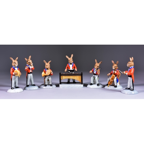 749 - Royal Doulton Bunnykins Orchestra, comprising: - Conductor (DB396), Cellist (DB393), Violinist (DB39... 