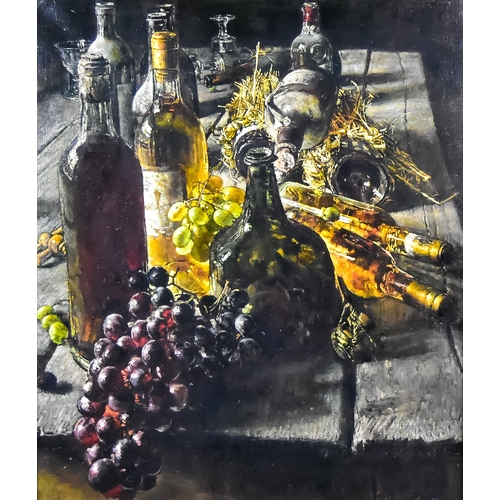 79 - Kenneth Newton (1933-1984) - Oil painting - Still life - An array of bottles and grapes on a table, ... 