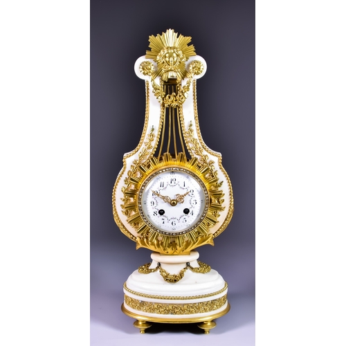 849 - A 19th Century French White Marble and Gilt Brass Mounted Lyre Pattern Mantle Clock,Â by A. Mougin,Â... 