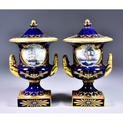 851 - A Pair of Lynton Porcelain Company Bone China Two-Handled Urns and Covers of Campagna Shape,Â enamel... 