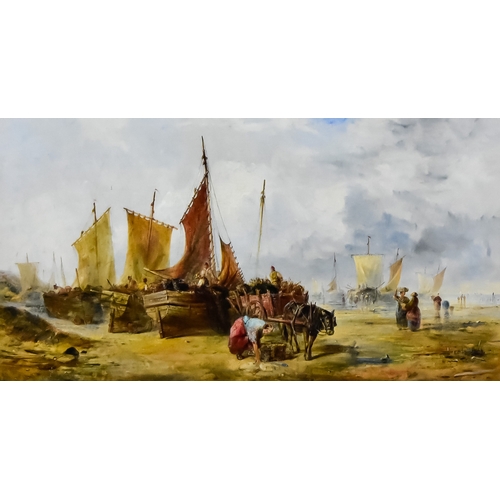 865 - George D. Callow (fl. 1858-1873) - Oil painting - Beach scene with numerous fishing boats, and horse... 