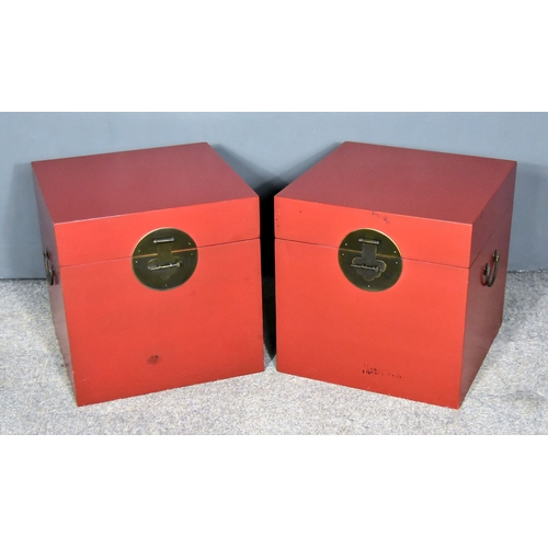 866 - A Pair of Modern Chinese Red Lacquer Boxes,Â with oxidised metal strap hinges to front, and side loo... 