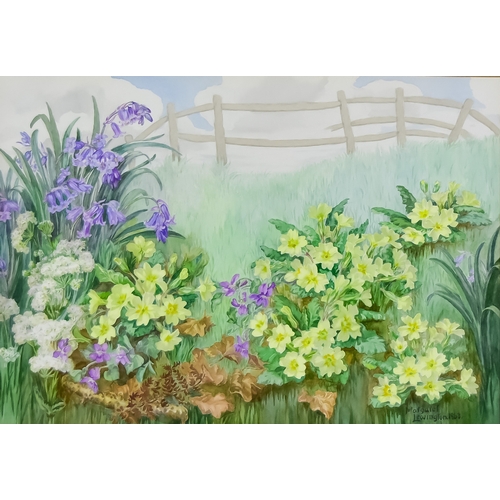 89 - Margaret Lewington (19th/20th Century British) - Watercolour - Fenced landscape with spring flowers,... 