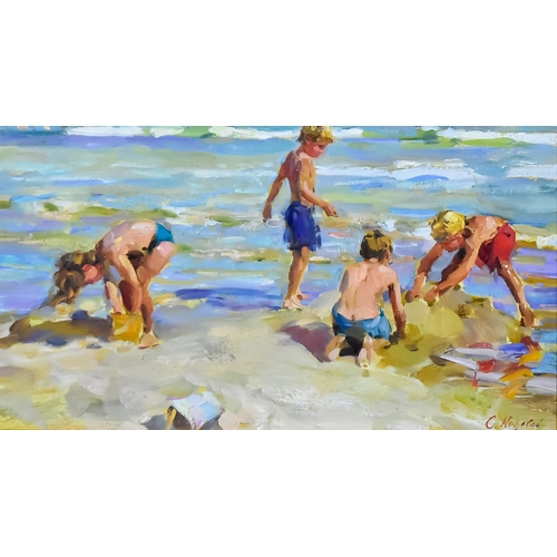 896 - Sergei Kochevoi (born 1946) - Oil painting - Beach scene with four children, signed, board, 9ins x 1... 