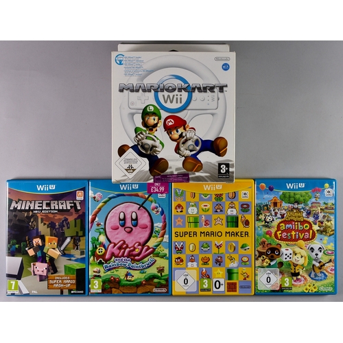 93 - Nintendo Wii - Mario Kart Wii with wheel and original box and Four Nintendo Wii U Games - 