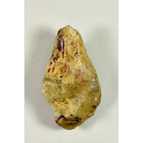 288 - An Acheulean Knapped Handaxe, Lower Palaeolithic c. 410,000 BP, of Wymer type E form, in grey and br... 