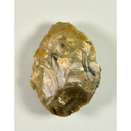 289 - An Acheulean Knapped Handaxe, Lower Palaeolithic c. 410,000 BP, of Wymer type E form, in grey flint,... 