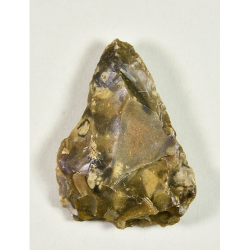 306 - An Acheulean Knapped Handaxe, Lower Palaeolithic c. 410,000 BP, of Wymer type E form, in grey and br... 