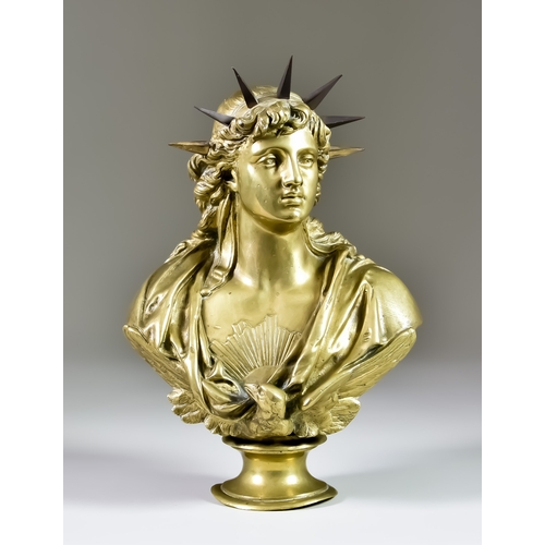 323 - A Polished Bronze Bust of Liberty, 19th Century, facing her natural left wearing radiant crown, with... 
