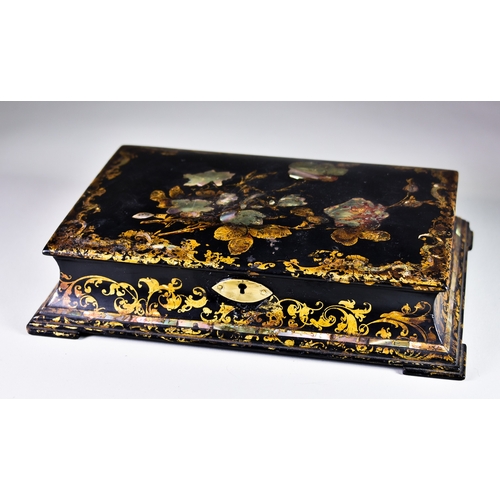 331 - A Victorian Black Papier Mache Rectangular Writing Box, by Jennens & Bettridge, inlaid with mother-o... 
