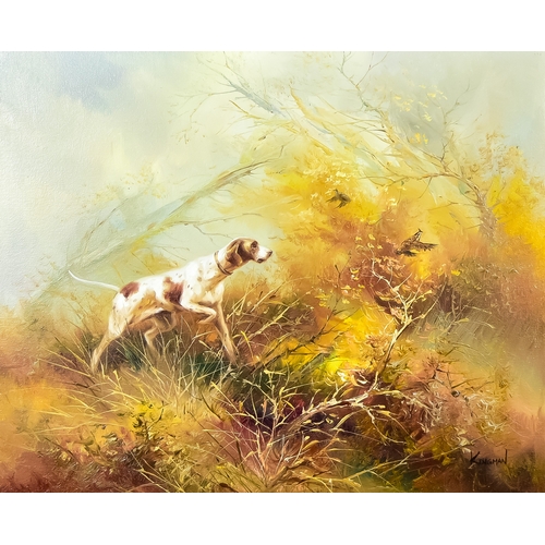 95 - ***Eugene Kingman (1909-1975) - Oil painting - Gun dog with two birds in flight, signed, 23.5ins x 1... 
